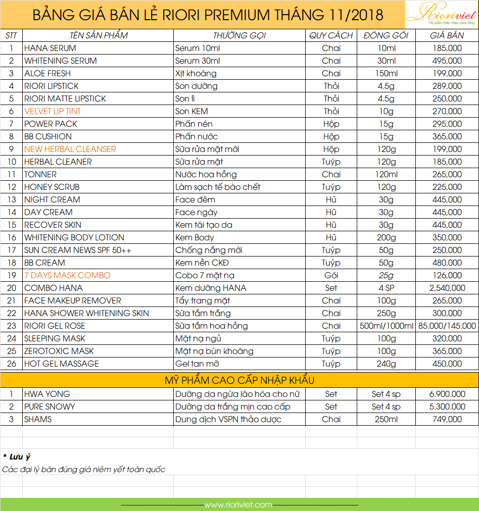Bang gia my pham riori thang 11-2018
